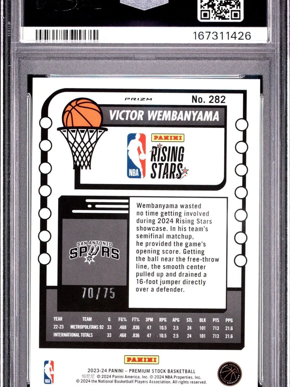Panini NBA Hoops Victor Wembanyama Rookie Card - White Seismic Prizm /75 PSA 9